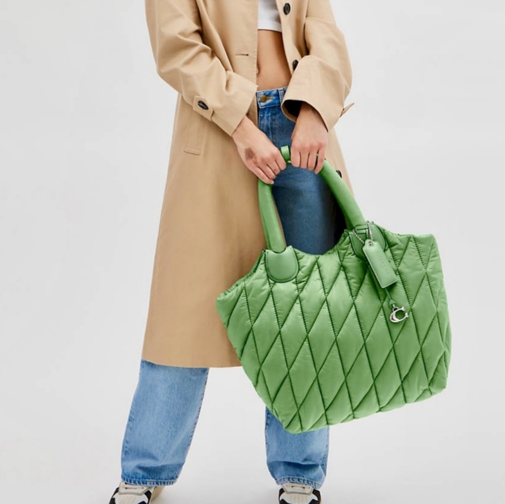 Coach Iris Nylon Smooth Leather Quilted Large Tote Bag Green